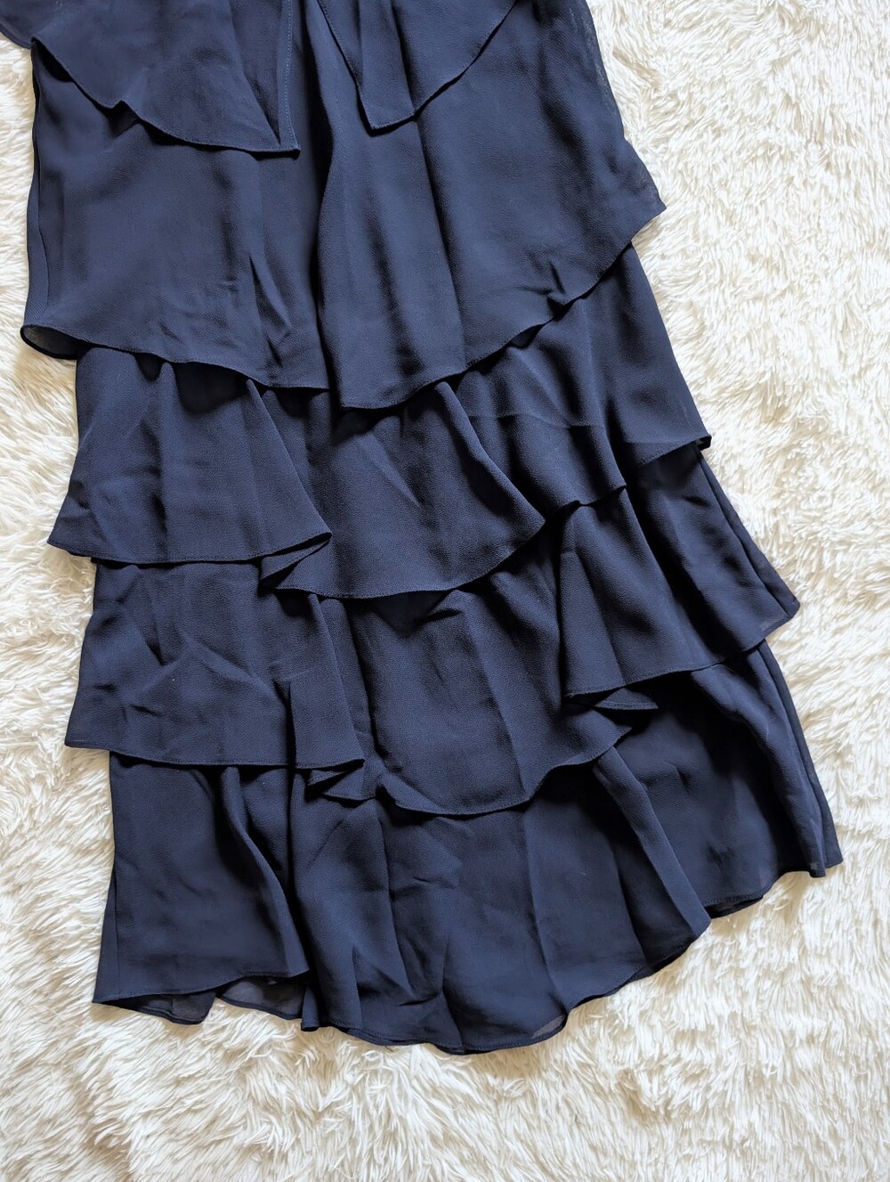 SLNY Navy Blue Tiered Capelet Rhinestone Detail Flowy Ruffle Dress Size 12 - Picture 7 of 14